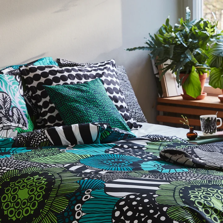 The Marimekko hurricane pillowcase and the Räsymatto pillowcase in combination