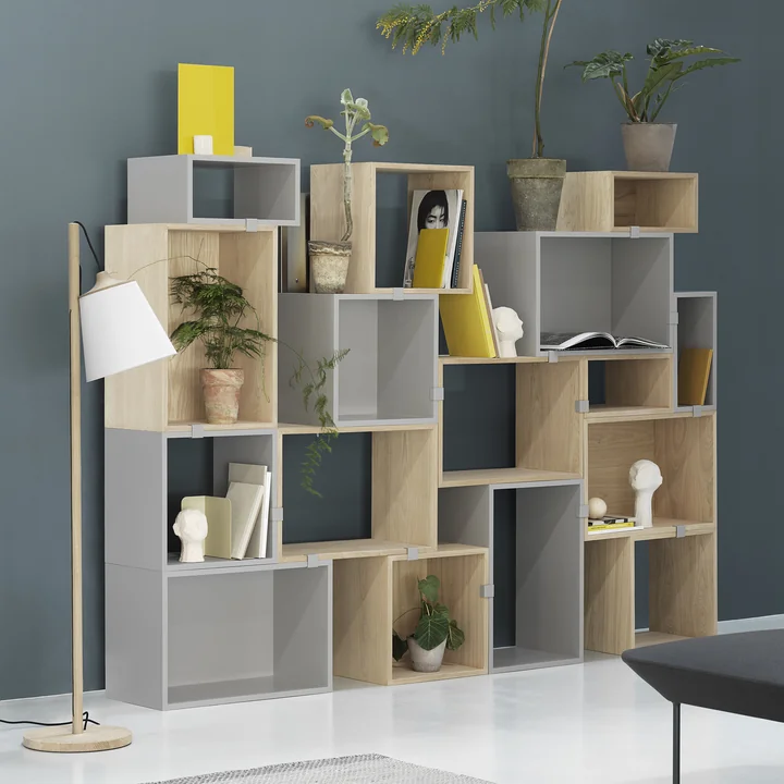 Stacked Shelving system 2. 0 from Muuto in oak and light grey