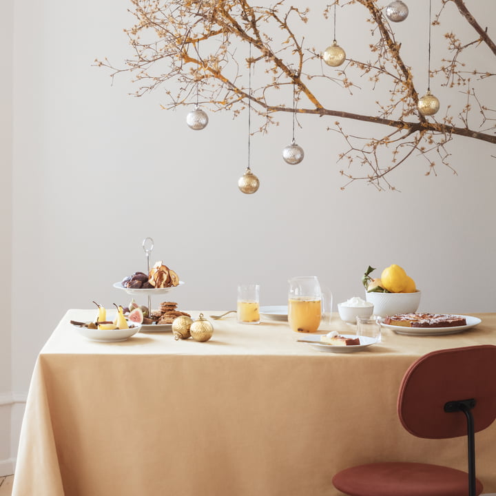 Rhombe Plate, bowl and etagere from Lyngby Porcelæn on the table
