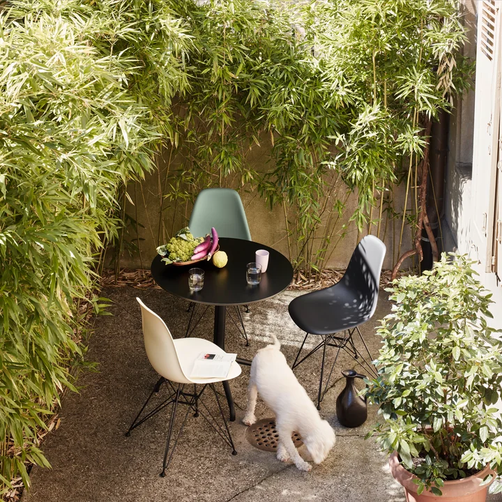 Belleville bistro table and Eames Plastic Side Chair DSR by Vitra