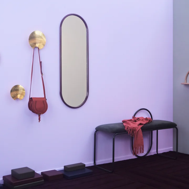 Angui bench in anthracite with matching mirror and the Concha wall hooks from AYTM