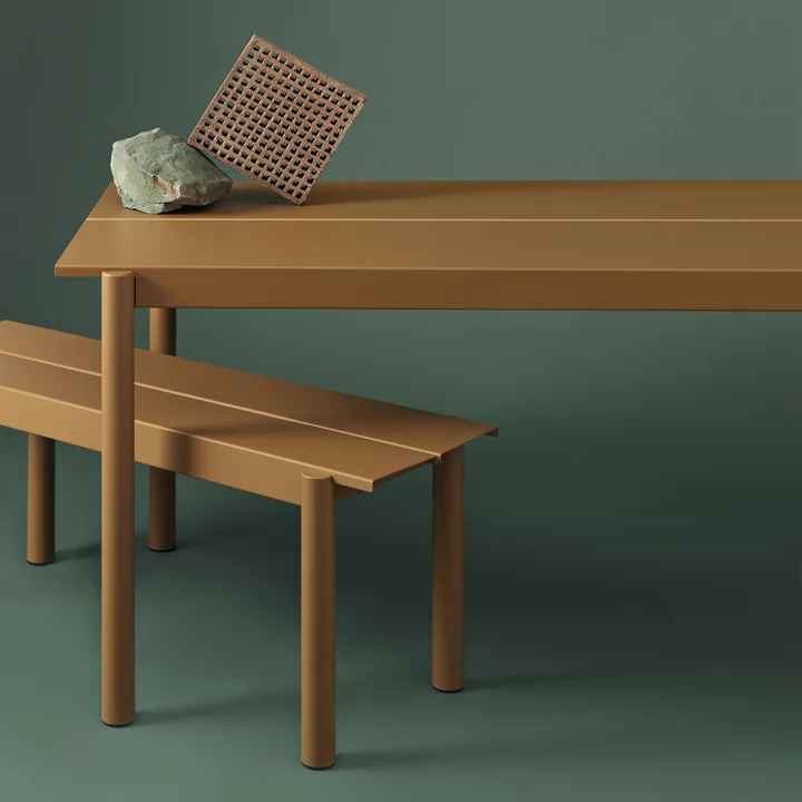 Linear Steel Bench and table in burnt orange from Muuto