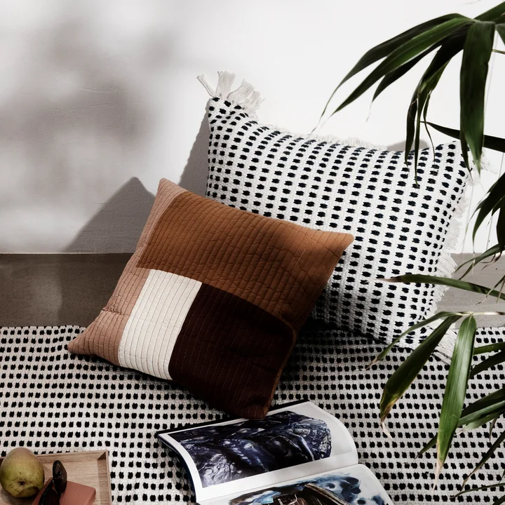 Shay Quilt cushion, 50 x 50 cm in mustard, Way Outdoor cushion and carpet by Ferm Living in combination