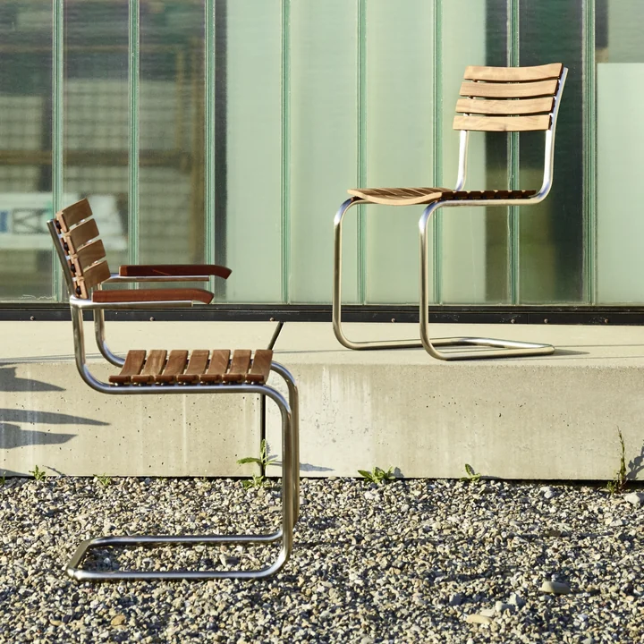 S 40 Outdoor chair, frame stainless steel round tube / seat and back Iroko oiled by Thonet with us without armrests