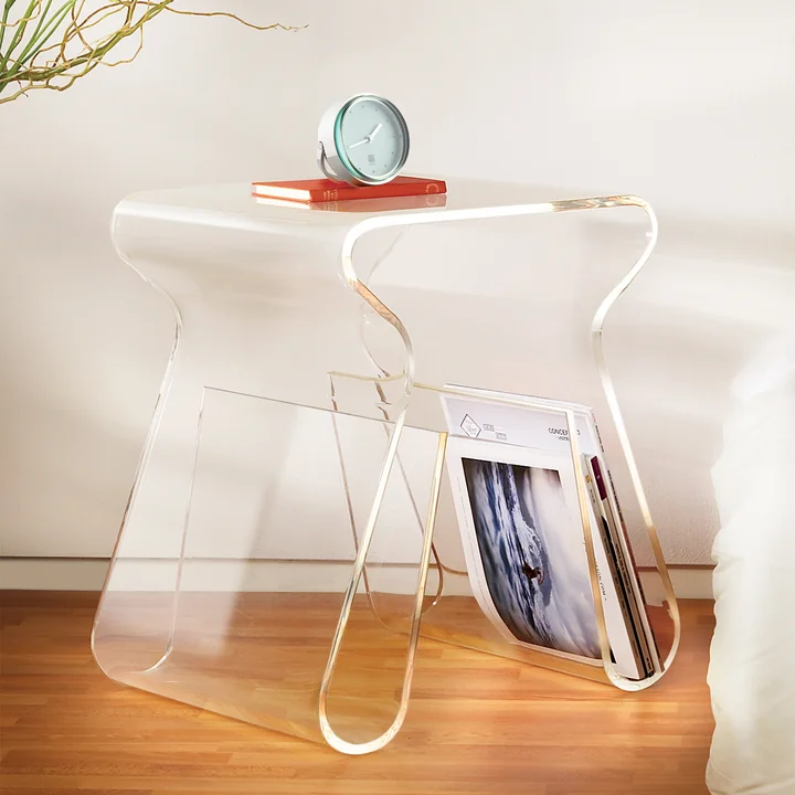 Magino stool and magazine collector in clear from Umbra as bedside table