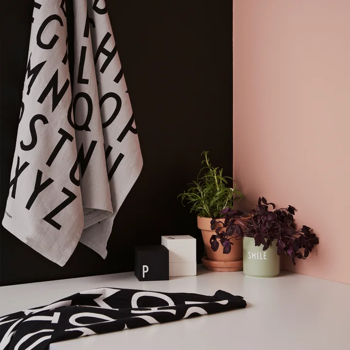 Classic tea towel, salt and pepper mill and AJ Favourite porcelain mug from Design Letters in combination