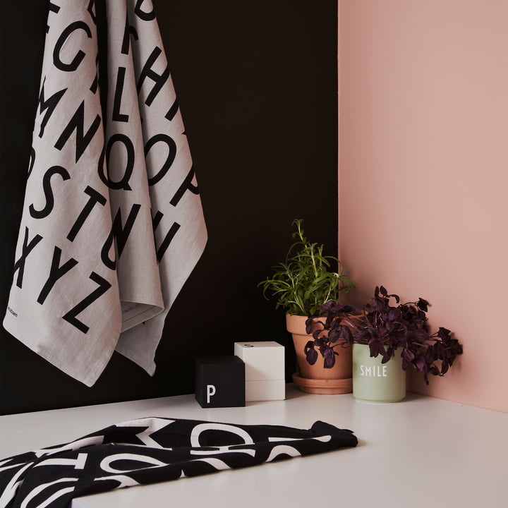 Classic tea towel, salt and pepper mill and AJ Favourite porcelain mug from Design Letters in combination