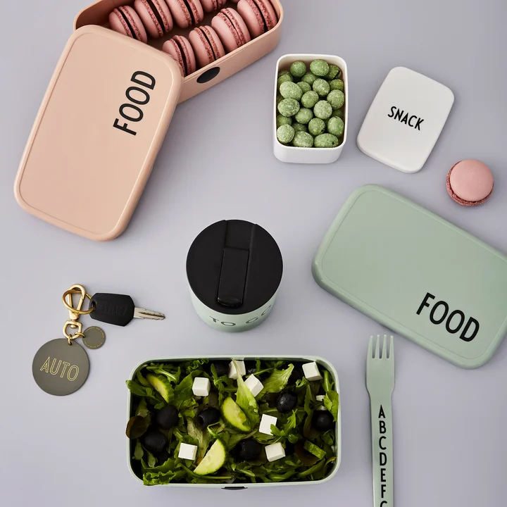Food & Lunch Box in green and nude as well as Snack Box in white from Design Letters
