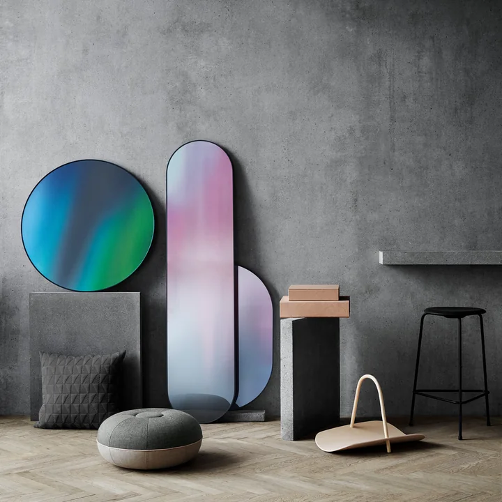 Basket storage basket, Studio Roso "Mirror", Dot Bar stool and pouf from Fritz Hansen