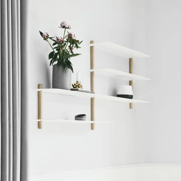 Nivo Wall shelf B in light oak / white from Gejst decorated with vases and plants