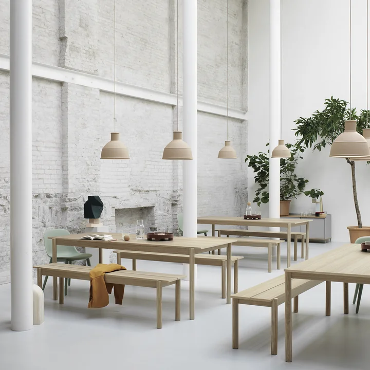 Linear Wood dining table and bench and Unfold Pendant light from Muuto