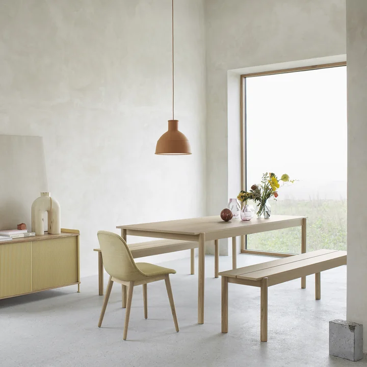 Linear Wood dining table and bench with Unfold pendant light and Enfold sideboard from Muuto