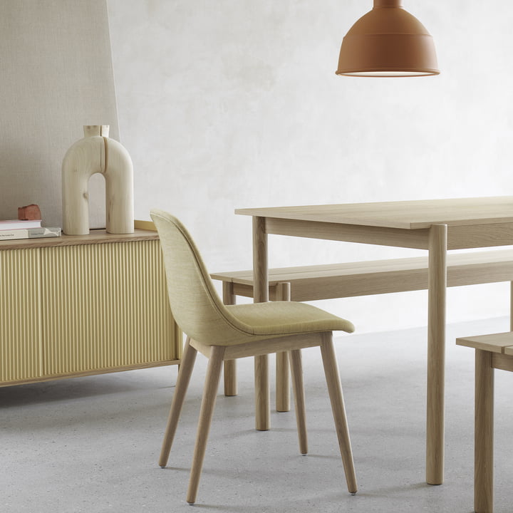 Linear Wood dining table with bench and Enfold sideboard and Unfold pendant light from Muuto