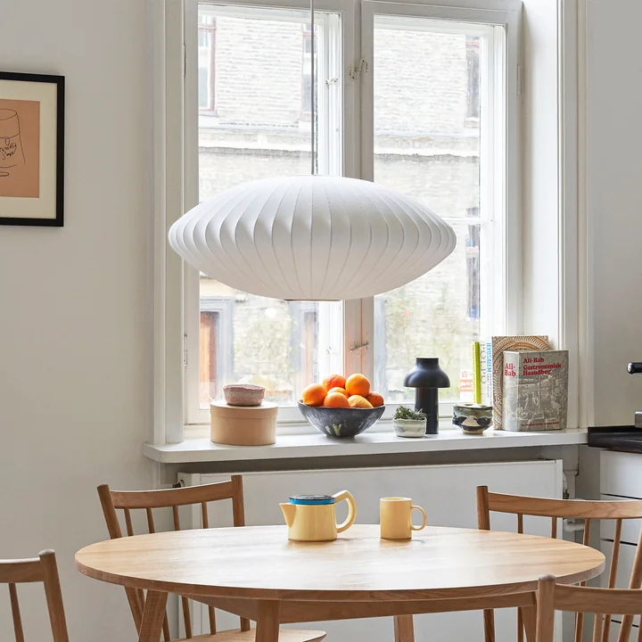 Nelson Saucer Bubble pendant lamp L, Ø 89 x H 3 5. 5 cm, off white by HAY above the kitchen table