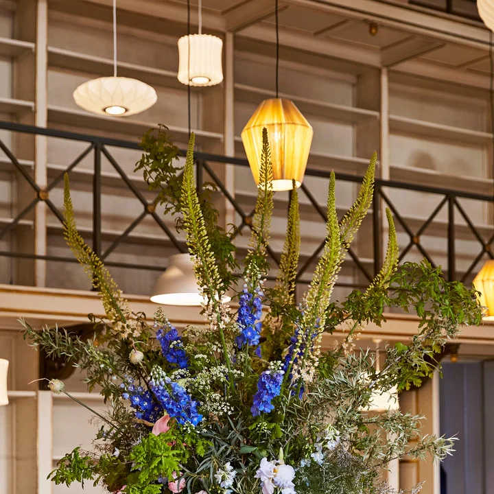 Nelson Saucer Crisscross Bubble pendant luminaire from HAY in high room