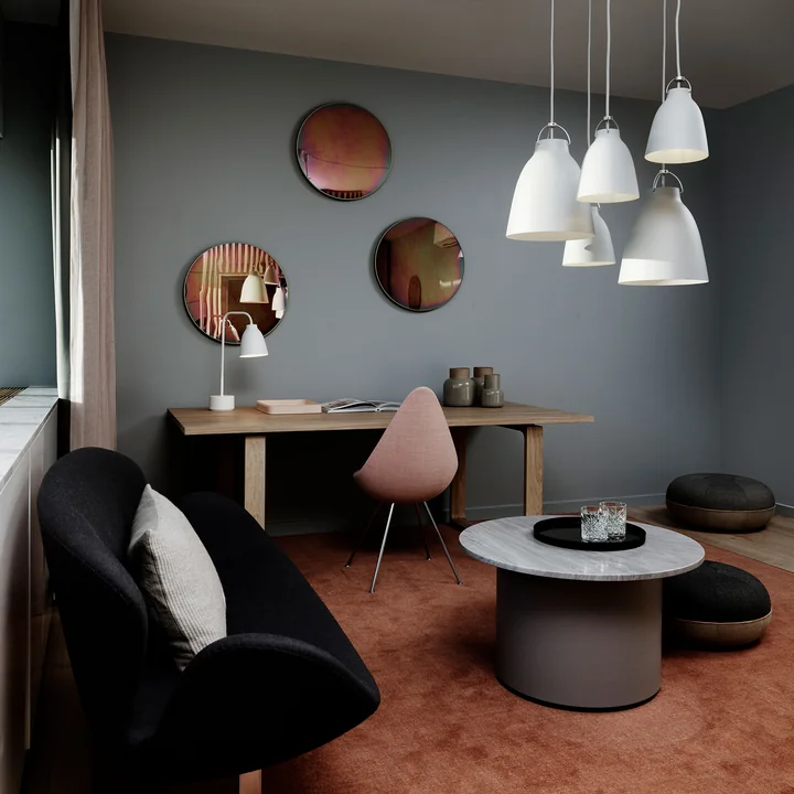 Drop Chair and Caravaggio pendant lamp by Fritz Hansen