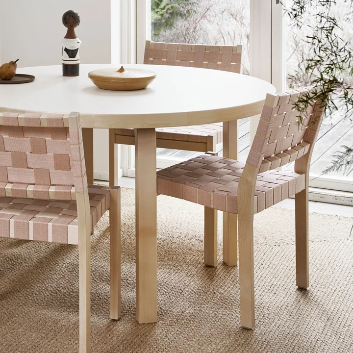 Chair 611 from Artek in clear lacquered birch / natural red patterned linen straps