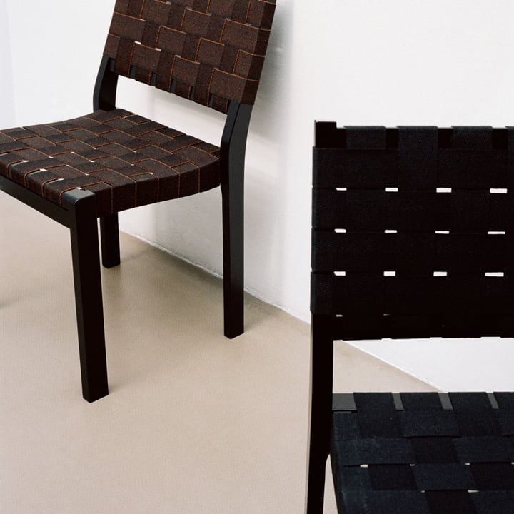 Chair 611 by Artek in Birch black lacquered / Linen straps black