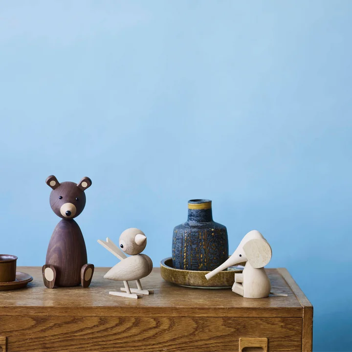 Baby elephant, sparrow and bear wooden figures by Lucie Kaas