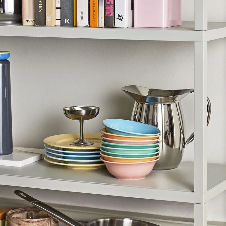 Indian steel carafe, Rainbow bowl and plate and Italian ice cream bowl by HAY