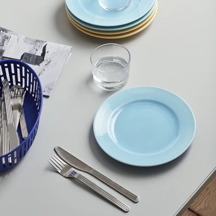 Rainbow plate, Everyday cutlery, glass and bread basket from HAY