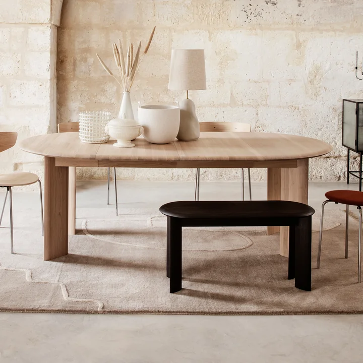 Bevel Bench, 90 x 35 cm, oak black oiled and Bevel Table from Ferm Living