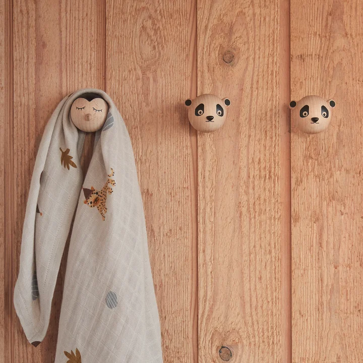 Mini Hook Children wall hook penguin and panda, natural from OYOY