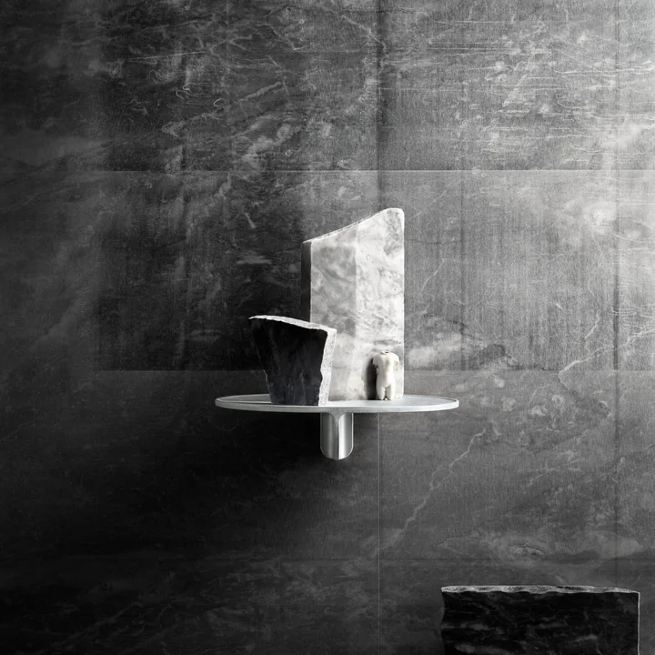 Museum wall shelf from String in aluminium