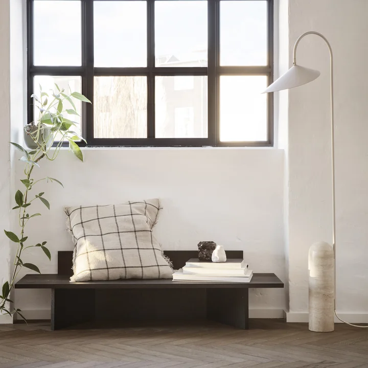 Vulca vase, Tuck scented candle, Oblique bench, Arum floor lamp and Calm cushion by Ferm Living