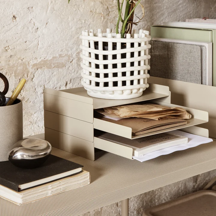 Sculpture, ceramic basket and 2 x 2 organizers by Ferm Living