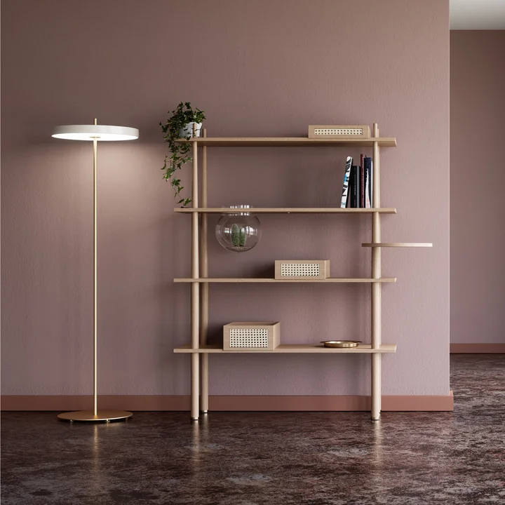 Asteria LED floor lamp and Stories floor shelf with 4 shelves from Umage