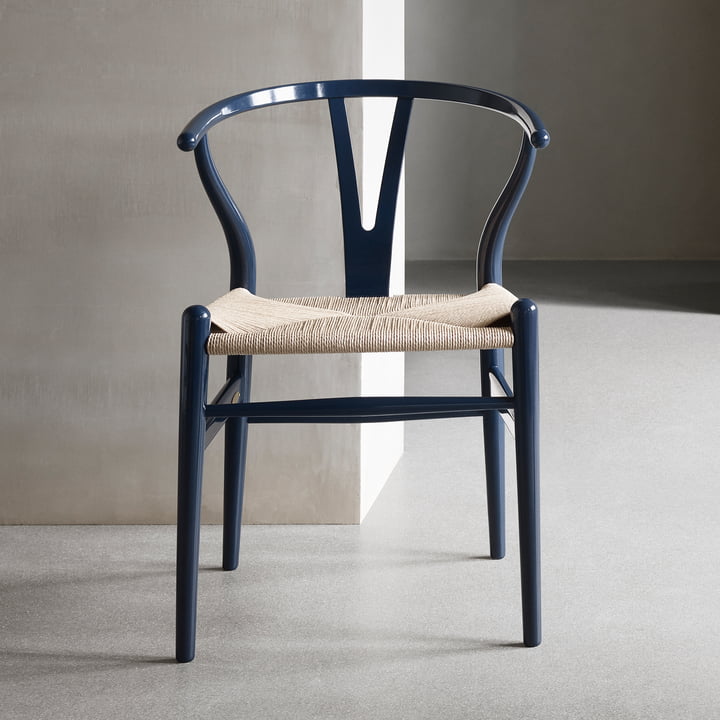 CH24 Wishbone Chair by Carl Hansen in Beech Glossy Navy Blue / Natural Wicker (Limited Birthday Edition)