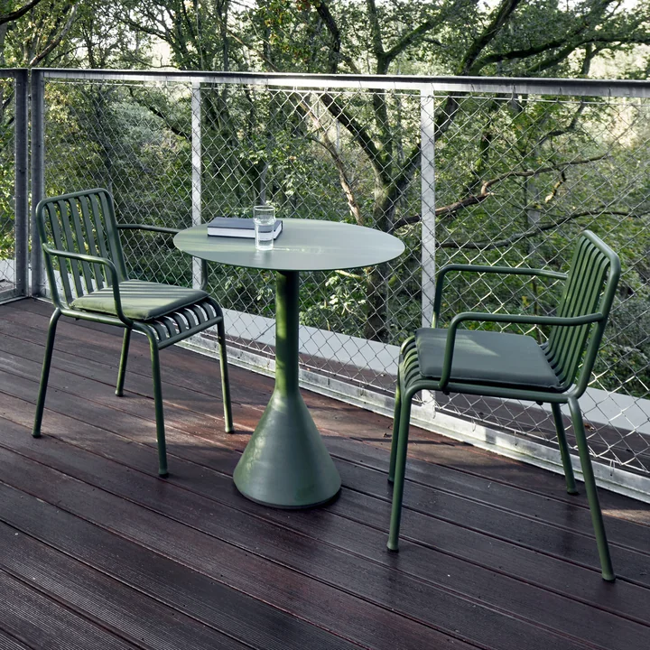 Palissade Armchair, Palissade Cone bistro table and Palissade Seat Cushion for chair and armchair from HAY