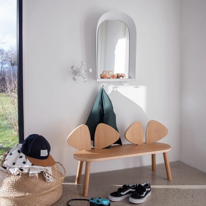 Portal wall mirror, Wall Bug wall hook and Mouse children's bench by Nofred