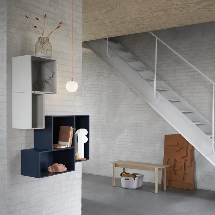Muuto - Mini Stacked shelving system - midnight blue and Rime pendant lamp