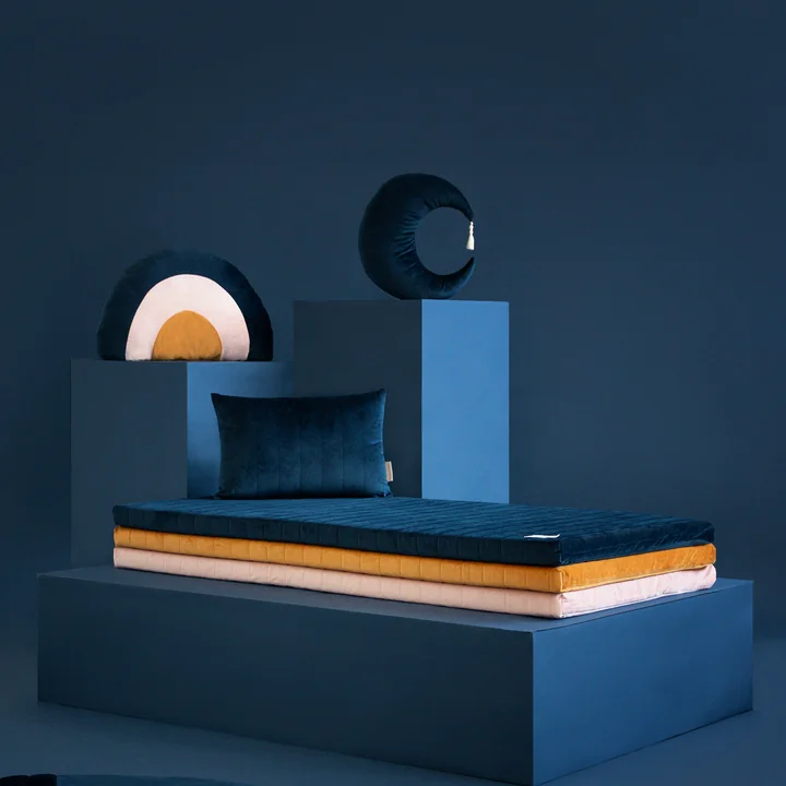 Zanzibar mattress, rainbow velvet pillow and Nobodinoz - Pierrot Moon velvet pillow by Nobodinoz