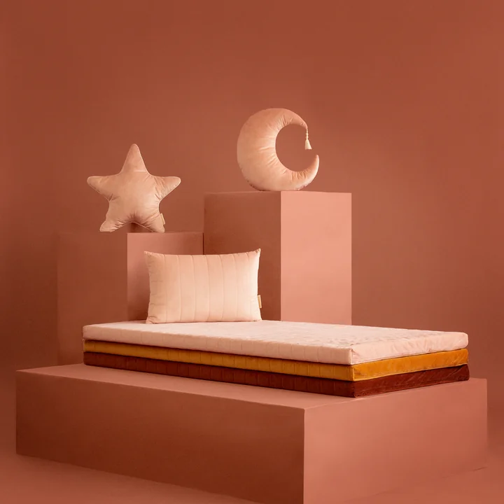 Zanzibar mattress, Pierrot Moon velvet pillow and Aristote Star velvet pillow from Nobodinoz