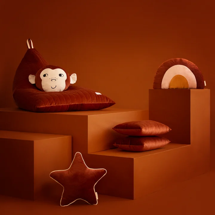 Rainbow and Star velvet cushions and Essaouira velvet beanbag from Nobodinoz