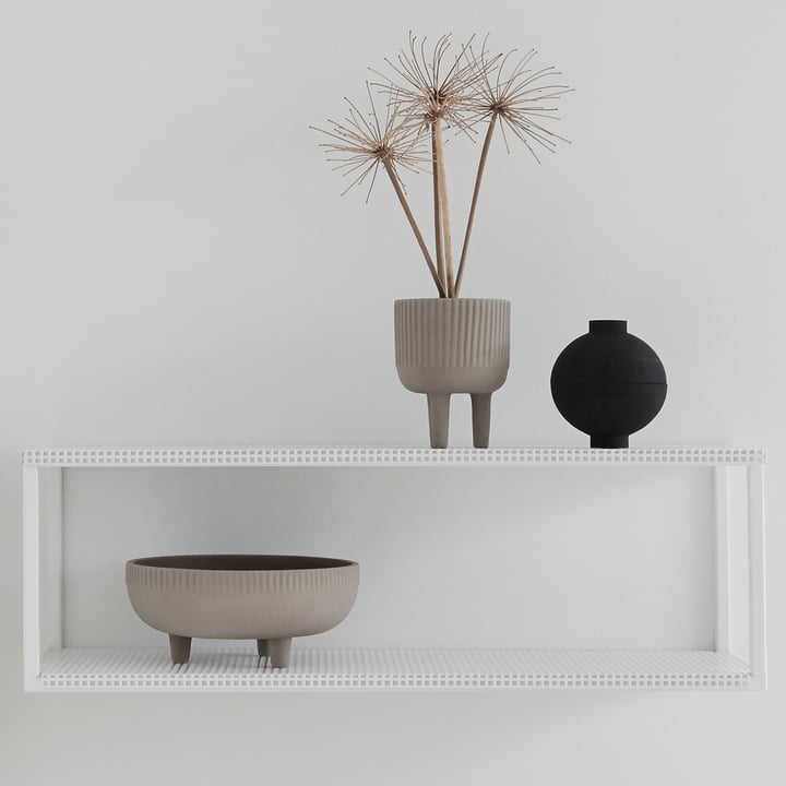 Grid wall shelf and bowl flowerpot by Kristina Dam Studio