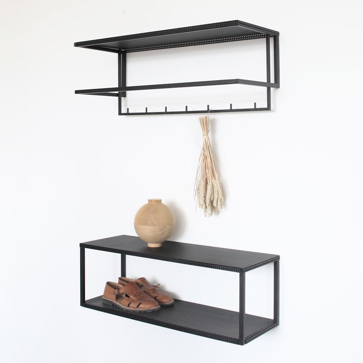 Grid wall coat rack and wall shelf by Kristina Dam Studio in black