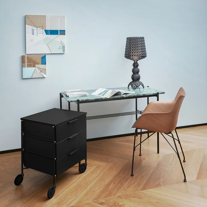 Mobil container, Mini Kabuki LED table lamp and Q/Wood armchair from Kartell