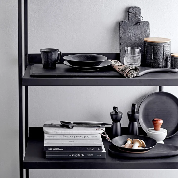 Hanif salt & pepper mill from Bloomingville on the black decorated kitchen shelf