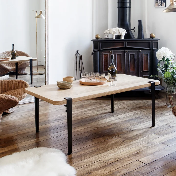 The coffee table and bench leg H 43 cm, graphite black from TipToe on a large side table in the living room