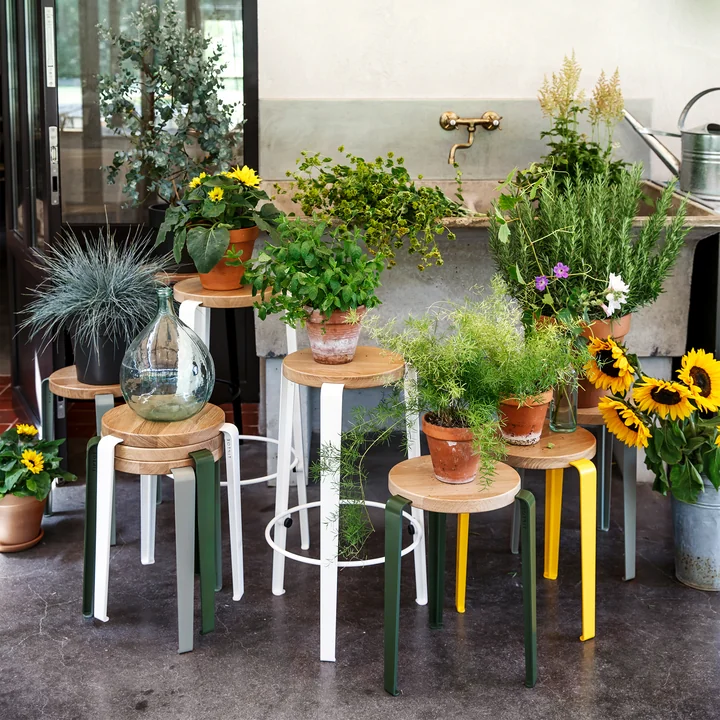 LOU Stool and Lou bar stool from TipToe as a shelf for displaying flowers and plants