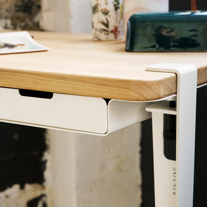 The MONOCHROME desk with drawers, oak, cloud white, from TipToe with a wood and white contrast in the work area