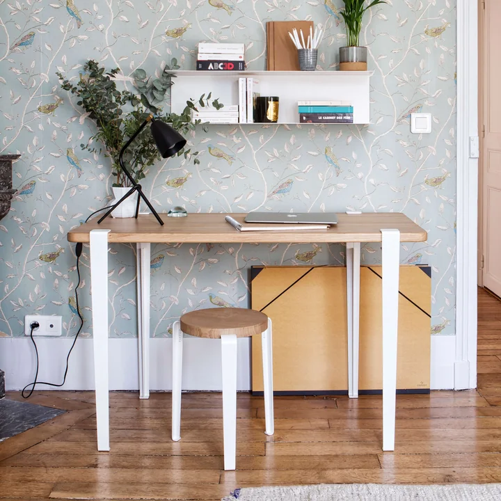 The NOMA desk, oak, cloudy white from TipToe as a modern accent in a cheerful workspace