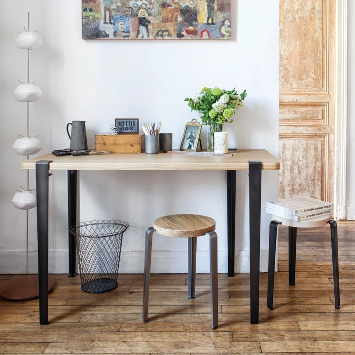 The NOMA desk, oak, patinated steel from TipToe in a natural study ambience.