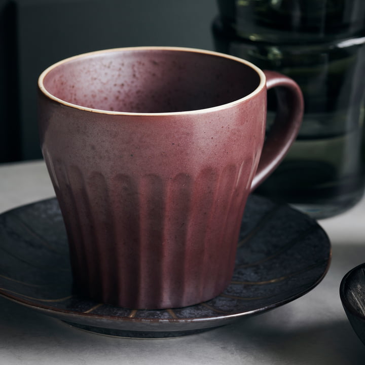 Mug with handle, Berica, brown on a saucer