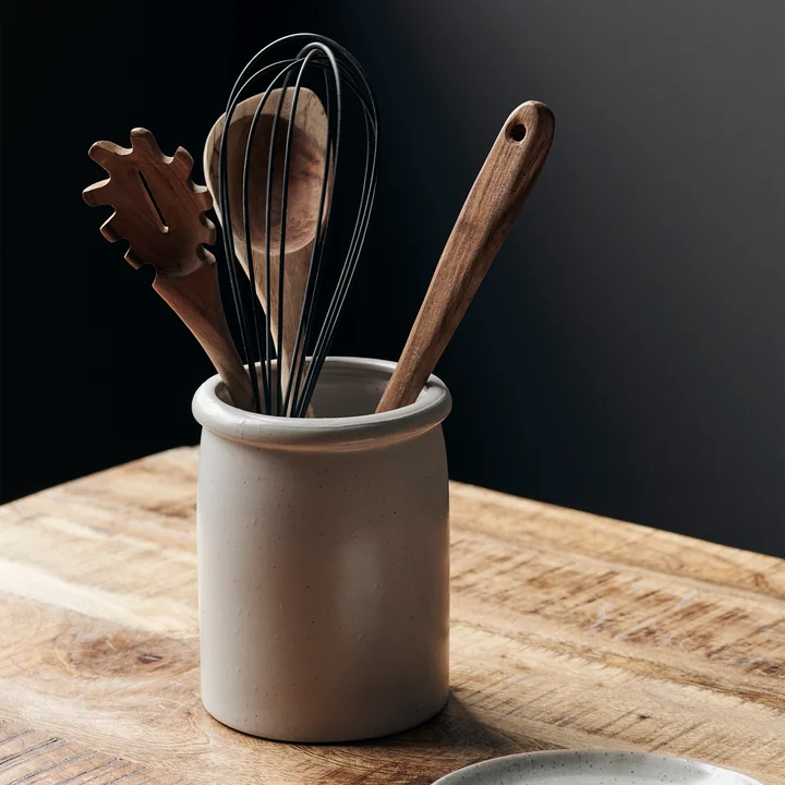 Pion utensil holder, gray / white filled with kitchen utensils