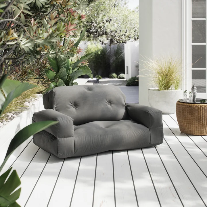 The Hippo OUT sofa from Karup Design on the wooden terrace